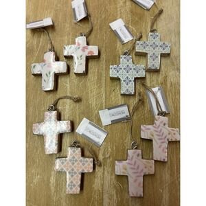 Midwest-CBK Floral Wood Cross Ornaments Set of 8 Pastel Religious Decor, New